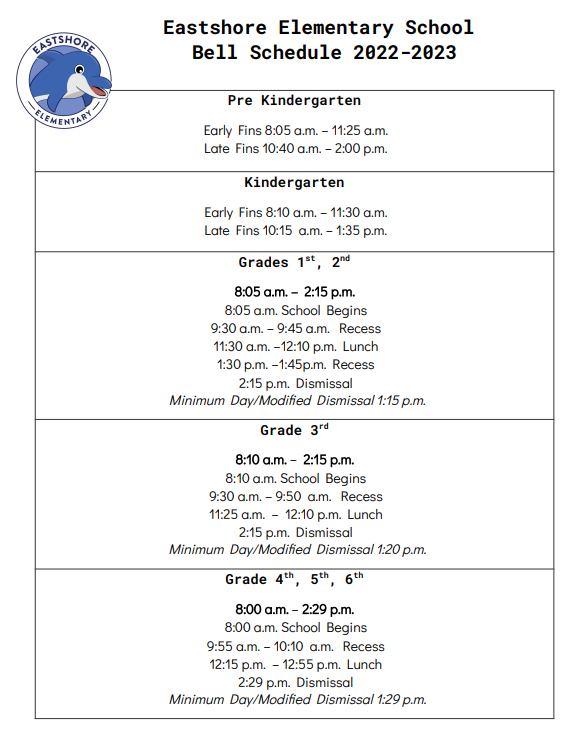 Bell Schedule 2022-2023 | Eastshore Elementary